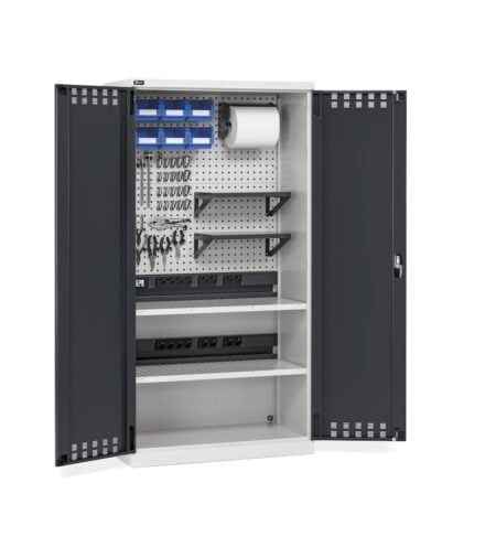 Armadio Caricabatterie Con Ante Battenti, Pannelli Forati, Accessori, L1023 X P555 X H2000 Mm, Perfom14040