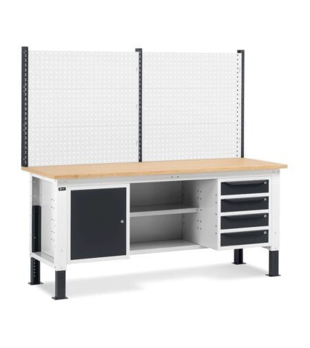 Banco Da Lavoro Regolabile In Altezza Work Up Work2024 Con Parete Attrezzata, 4 Cassetti, 1 Armadio Con Porta E Semipiano