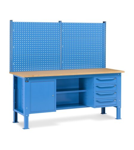 Banco Da Lavoro Regolabile In Altezza Work Up Work2025 Con Parete Attrezzata, 4 Cassetti, 1 Armadio Con Porta E Semipiano