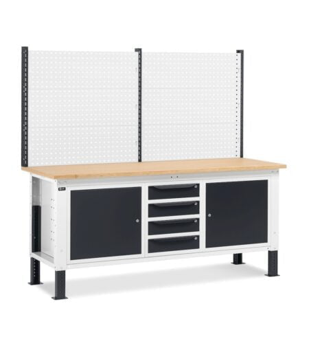 Banco Da Lavoro Regolabile In Altezza Work Up Work2026 Con Parete Attrezzata, 4 Cassetti E 2 Armadi Con Porta