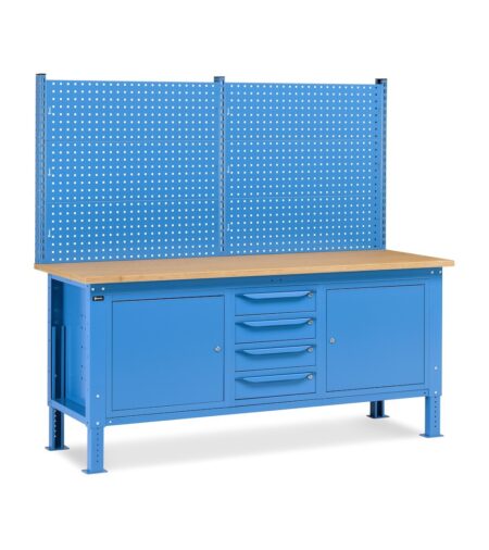 Banco Da Lavoro Regolabile In Altezza Work Up Work2027 Con Parete Attrezzata, 4 Cassetti E 2 Armadi Con Porta