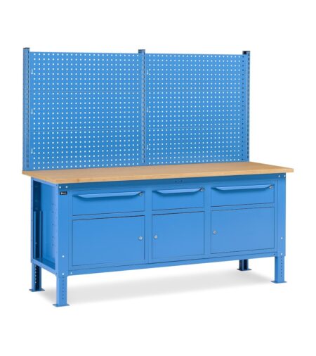 Banco Da Lavoro Regolabile In Altezza Work Up Work2029 Con Parete Attrezzata E 3 Armadi Con Porta Parziale E 1 Cassetto