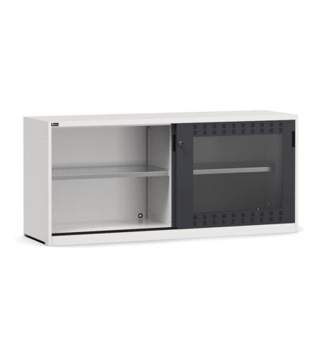 Armadio Basso Con Ante Scorrevoli In Policarbonato E Piani Fessurati, L2040 X P600 X H915 Mm, Ral 7035 + 7016, Perfom24003